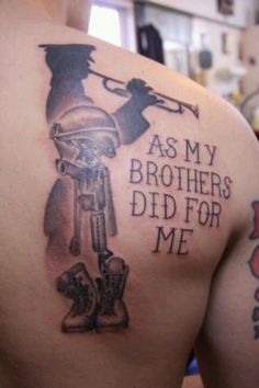 As My Brothers Did For Me - Memorial Military Boots Rifle Helmet Tattoo On Right Back Shoulder