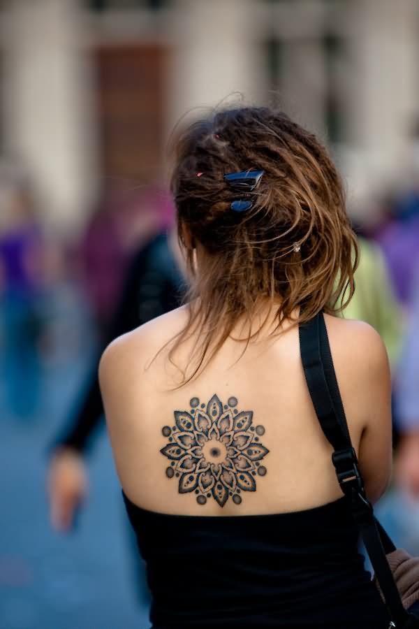 Attractive Henna Flower Tattoo On Girl Upper Back