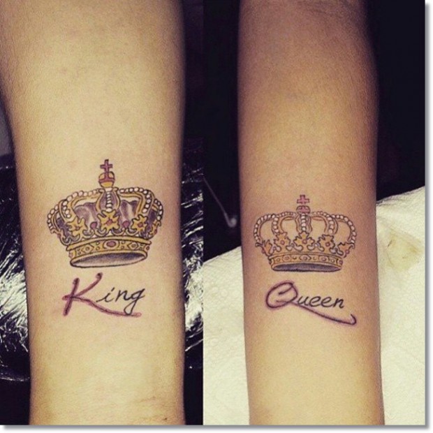 Attractive King And Queen Crown Tattoo Design For Couple Forearm