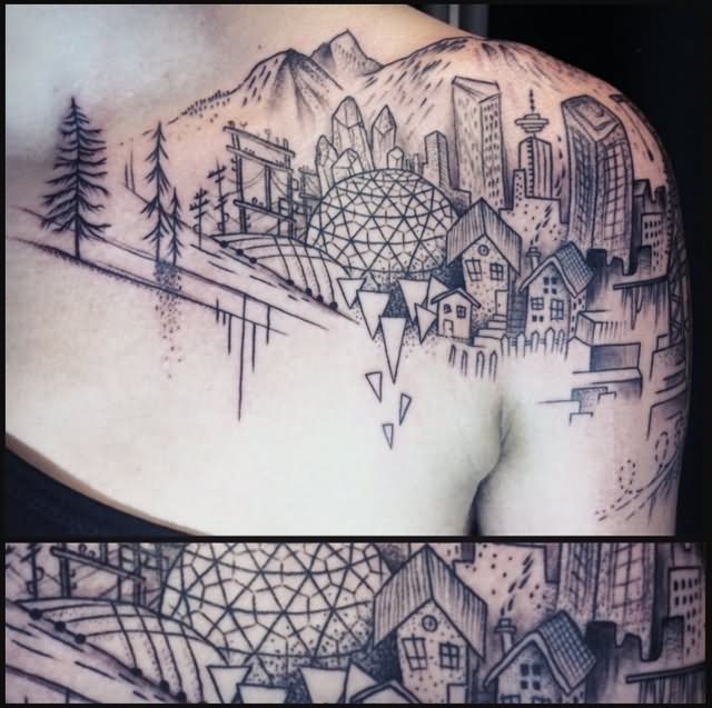 Attractive Scenery Tattoo On Right Back Shoulder
