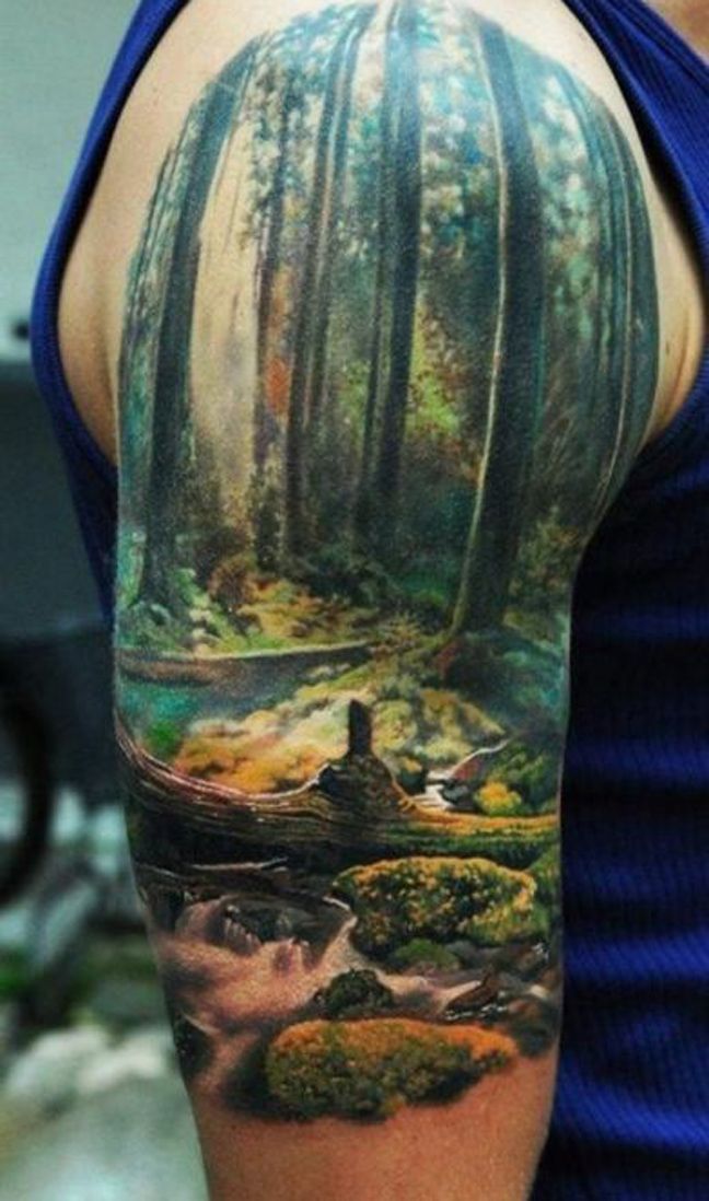 Attractive Scenery Tattoo On Right Half Sleeve