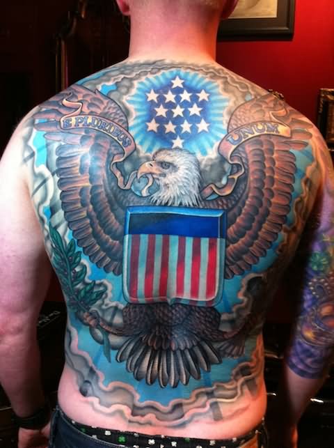 Attractive USA Military Eagle Logo Tattoo On Full Back