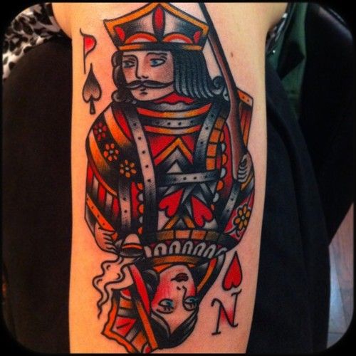 Awesome King With Queen Card Tattoo Design For Sleeve