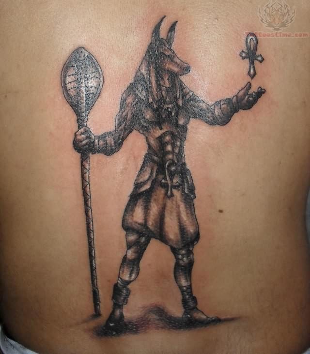 Back Body Grey Ink Egyptian Anubis Tattoo