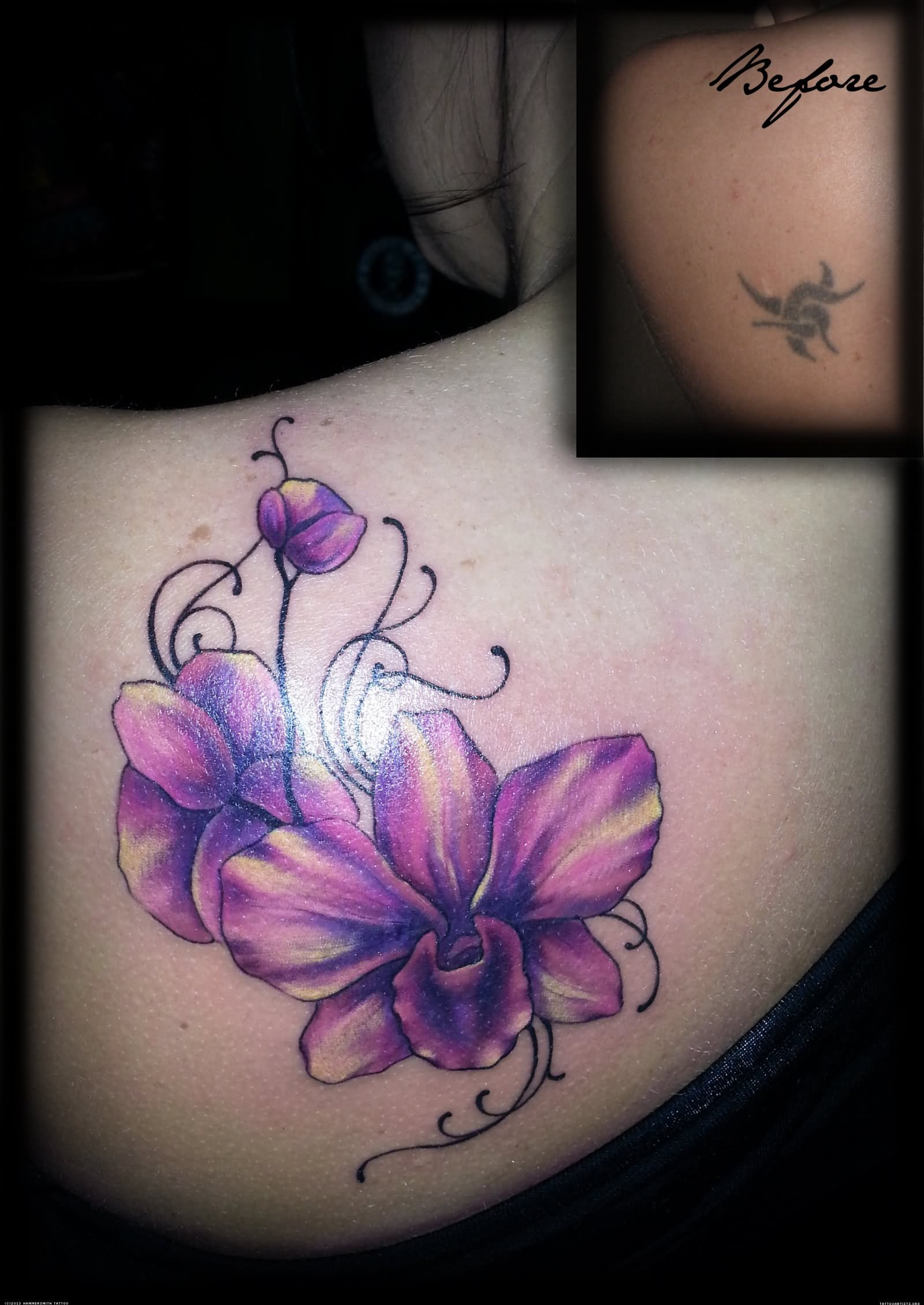 Back Shoulder Orchid Tattoo For Girls