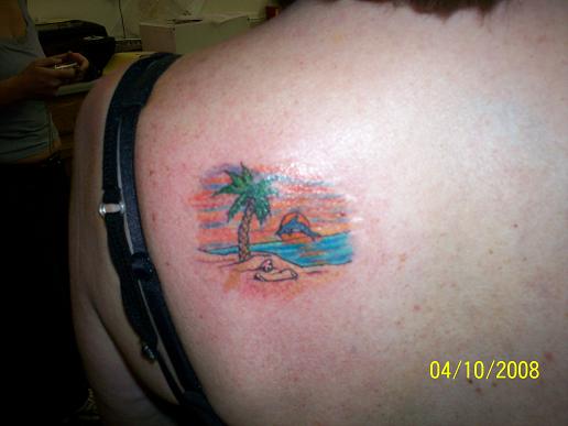 Beach Scenery Tattoo On Left Back Shoulder