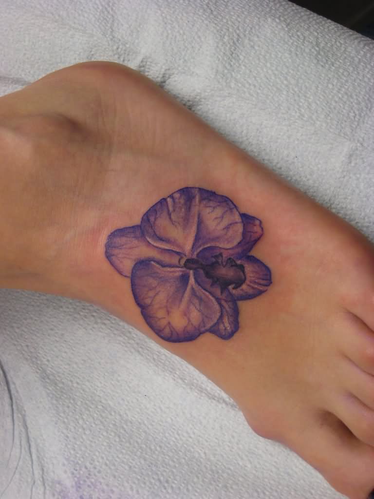 Beautiful Blue Orchid Tattoo On Left Foot