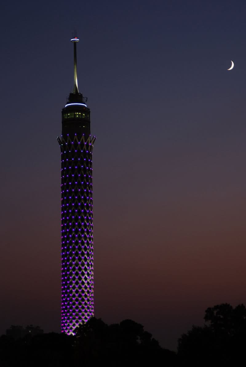 Beautiful Cairo Tower At Night With Half Moon Picture