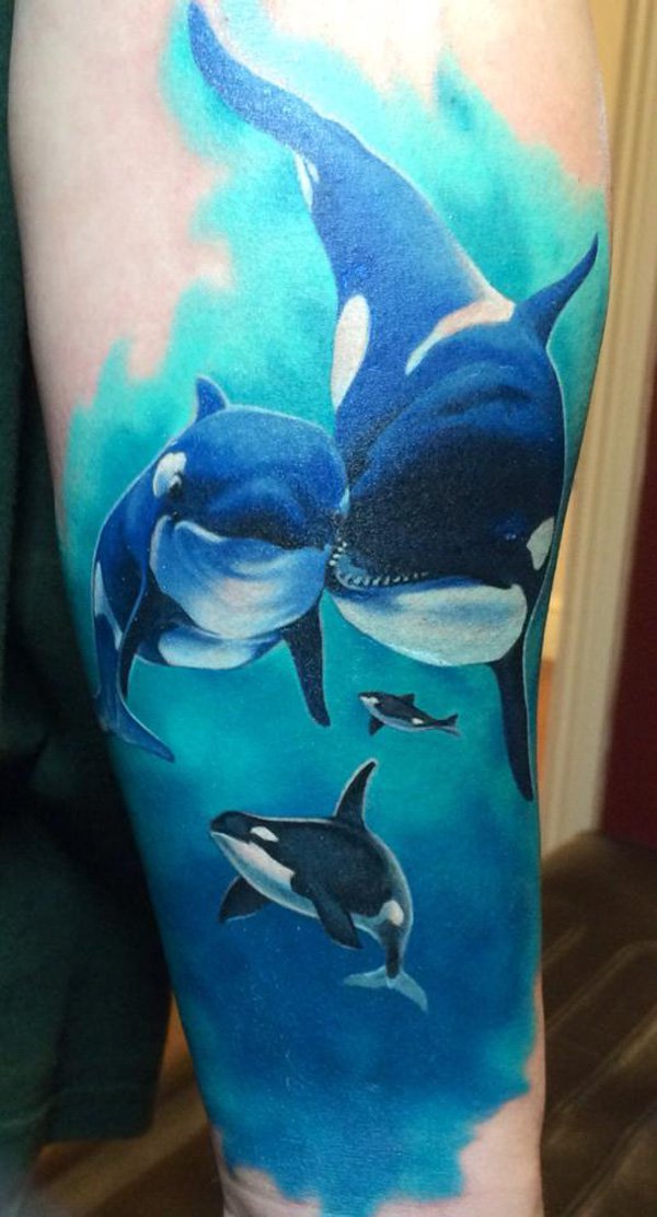 Beautiful Colored Dolphin Tattoo On Sleeve