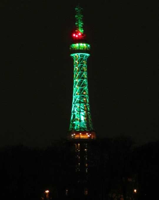 Beautiful Green Lights On The Petrin Tower At Night