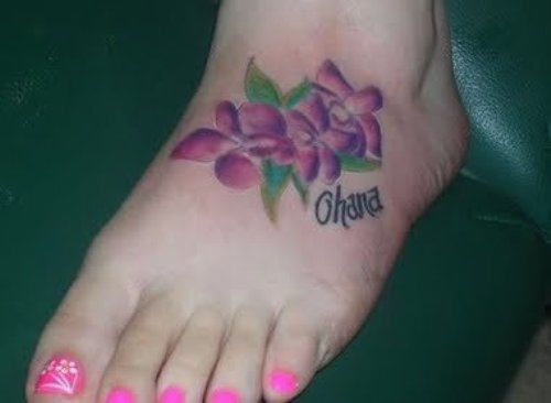 Beautiful Ohana Orchid Tattoo On Girl Left Foot