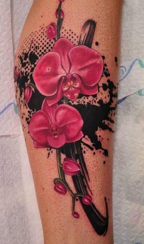 Beautiful Orchid Flowers Tattoos On Leg