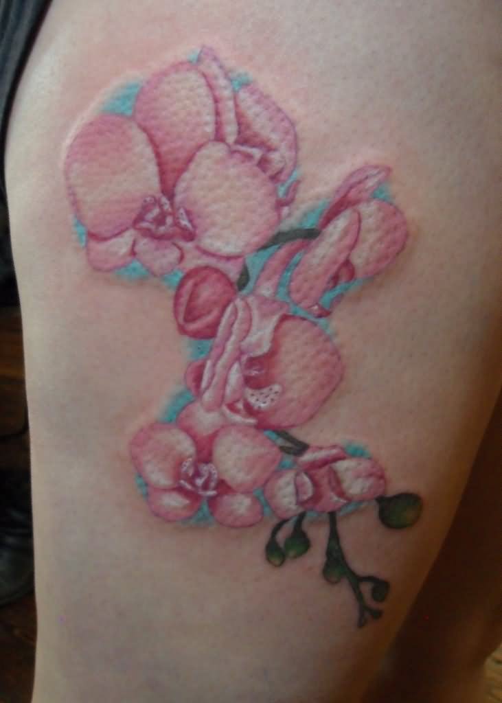 Beautiful Pink Orchid Tattoos On Right Thigh