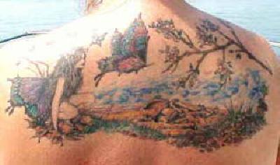 Beautiful Scenery Tattoo On Man Upper Back