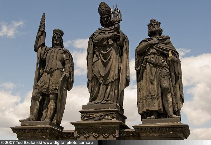 Beautiful Statues Of Sts. Norbert, Wenceslas and Sigismond At The Charles Bridge, Prague