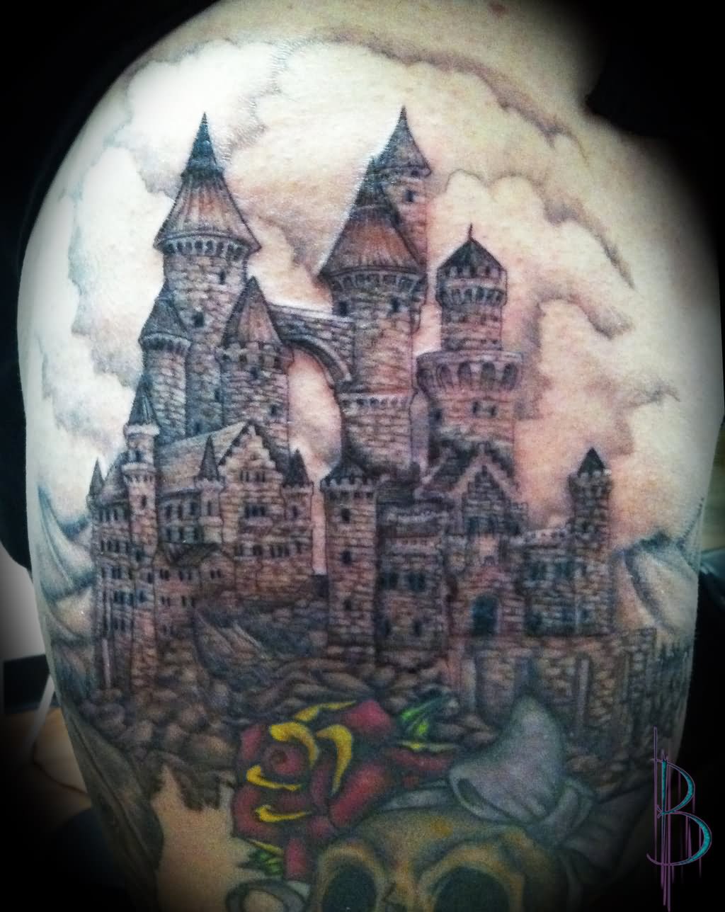Beautiful Wizard And Castle Tattoo by Greyfoxdie