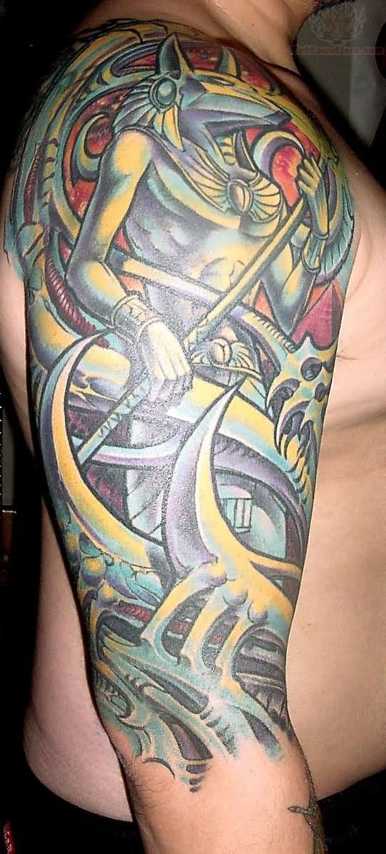 Biomechanical Anubis Tattoo On Man Half Sleeve