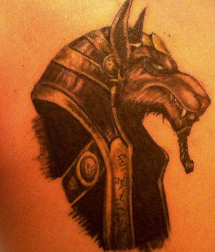 Black And Grey Anubis Head Tattoo