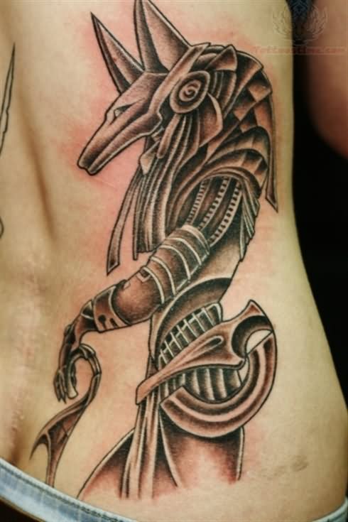 Black And Grey Anubis Tattoo On Full Back