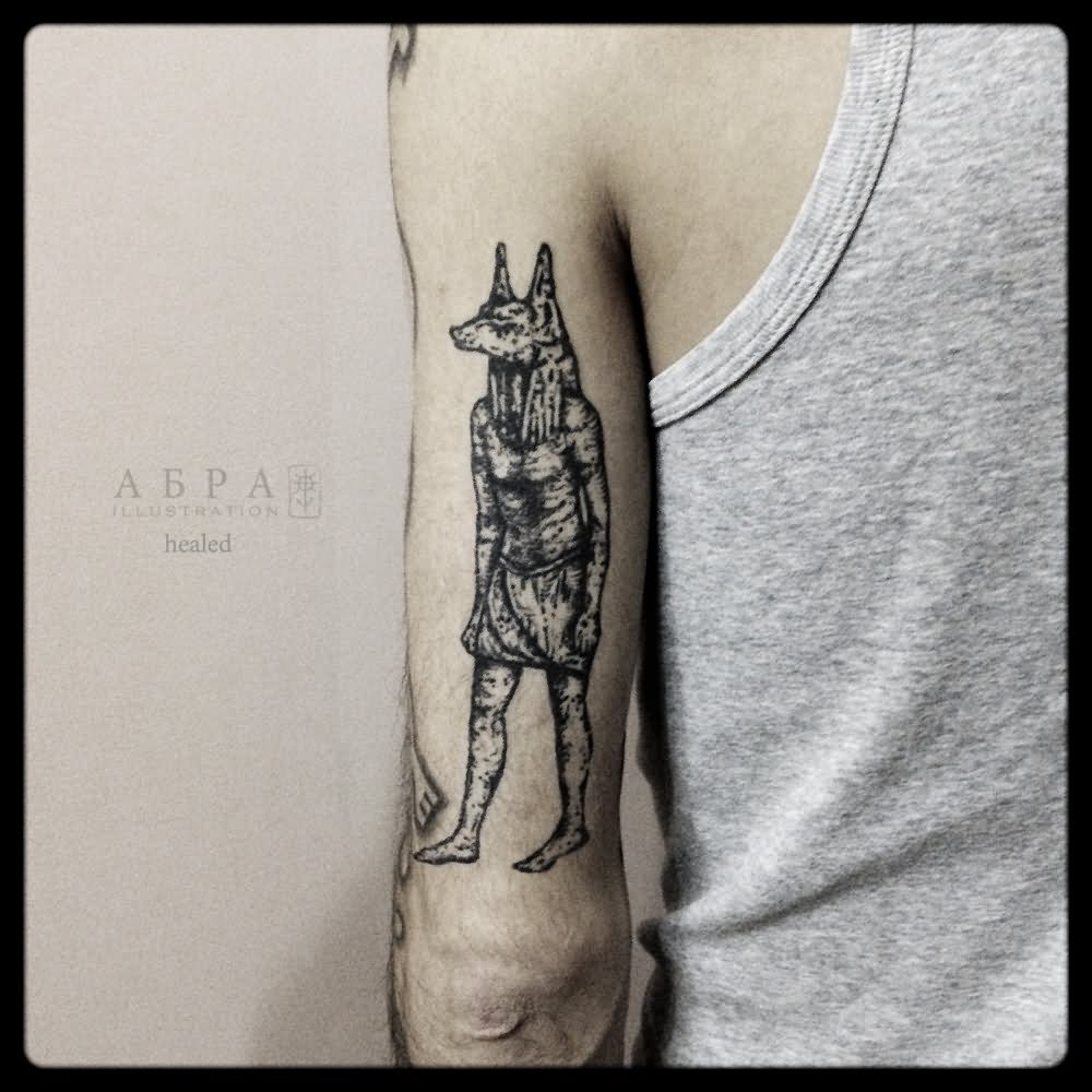 Black And Grey Anubis Tattoo On Left Bicep