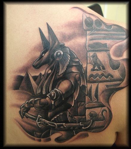 Black And Grey Anubis Tattoo On Right Back Shoulder