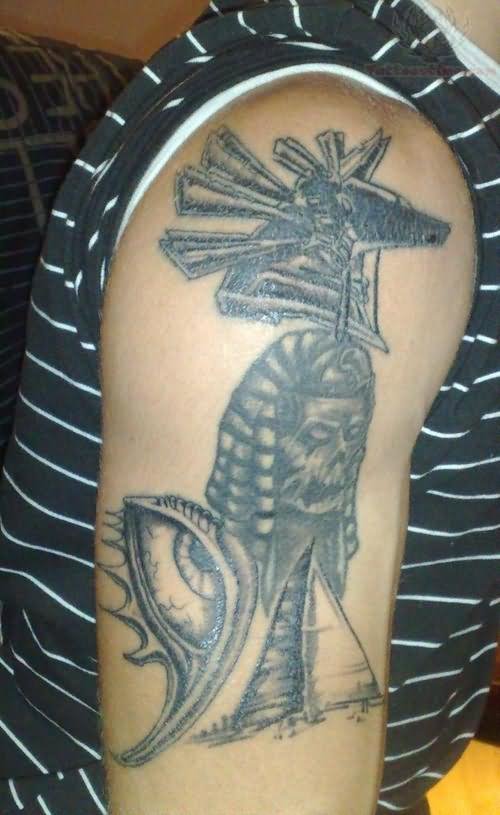 Black And Grey Anubis Tattoo On Right Half Sleeve