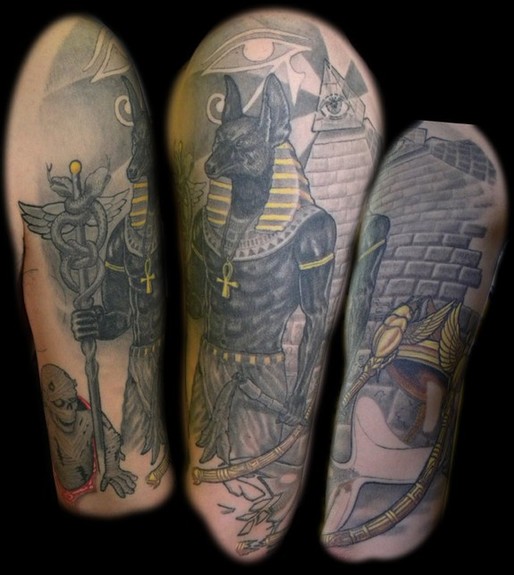 Black And Grey Anubis Tattoo On Sleeve