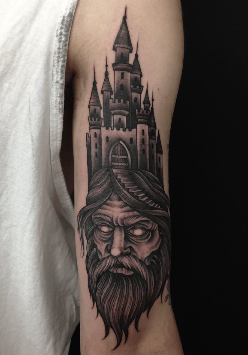 Black And Grey Beard Wizard Castle Tattoo On Half Sleeve