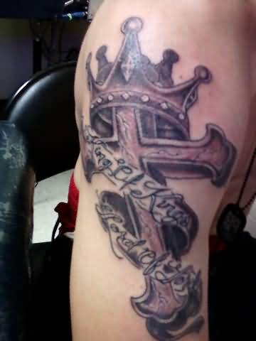 Black And Grey Cross With Crown And Banner Tattoo Design For Half Sleeve