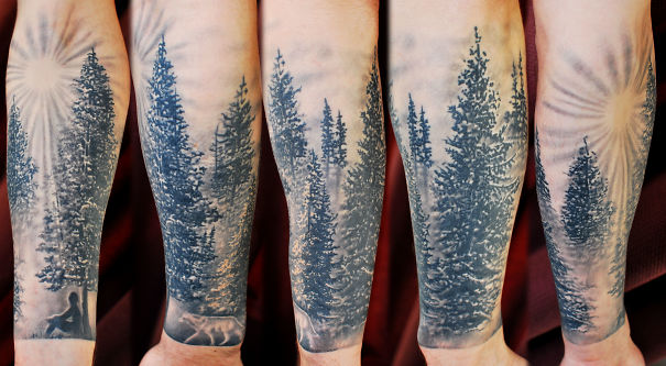 Black And Grey Forest Scenery Tattoo On Forearm