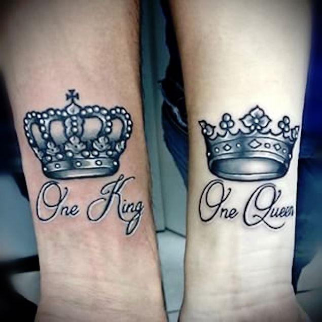 Black And Grey King And Queen Crown Tattoo On Couple Wrist