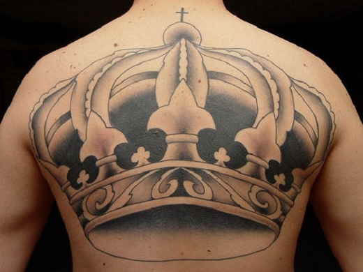 Black And Grey King Crown Tattoo On Man Upper Back