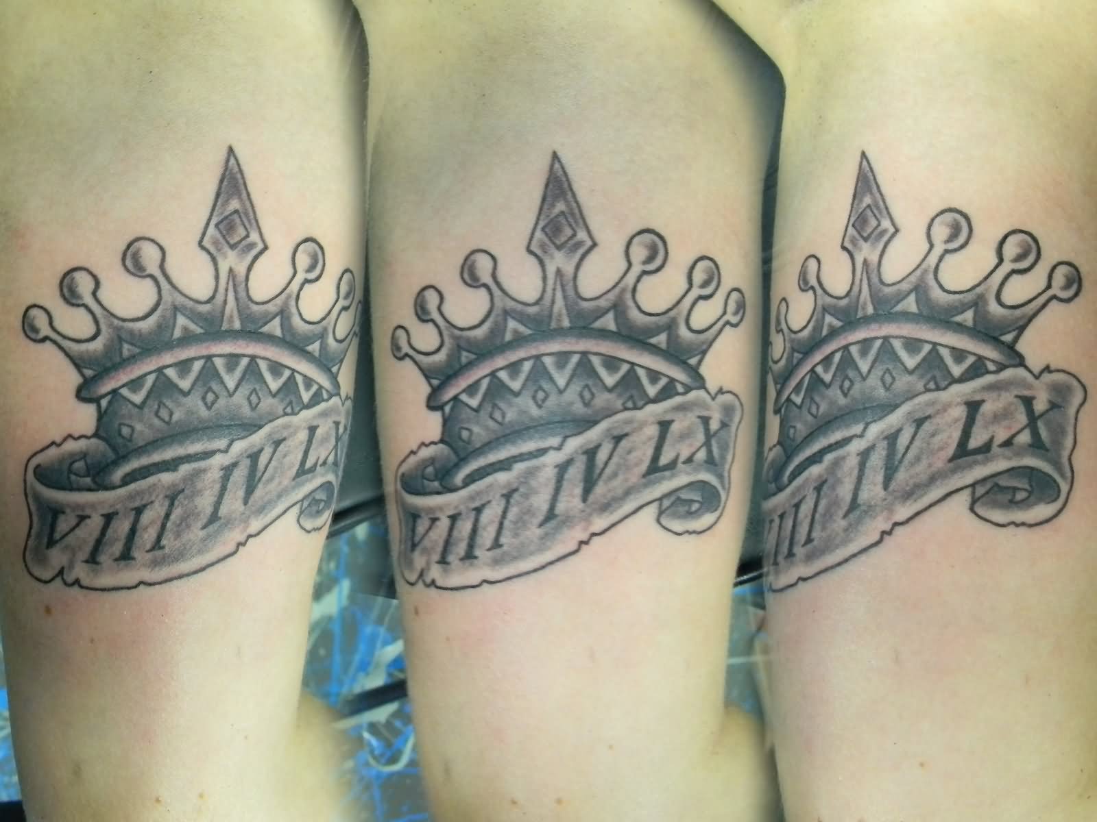 Black And Grey King Crown With Banner Tattoo Design For Half Sleeve
