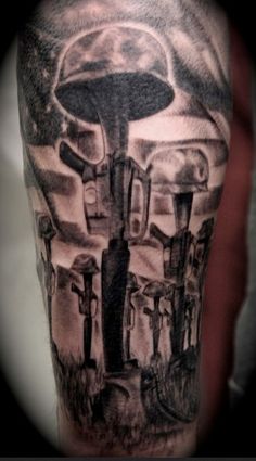 Black And Grey Memorial Military Equipments Tattoo Design For Half Sleeve