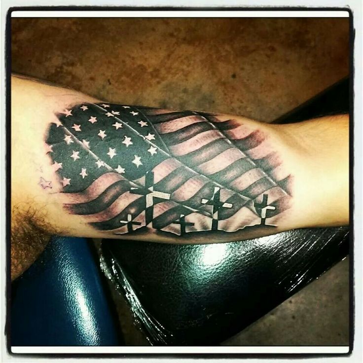 Black And Grey Military Flag Tattoo Design For Half Sleeve