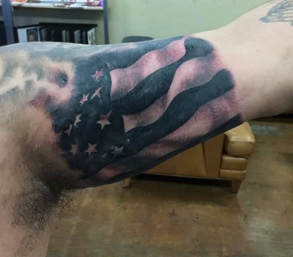Black And Grey Military Flag Tattoo On Half Sleeve