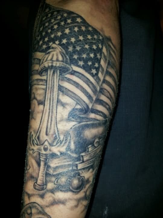 Black And Grey Military Flag With Sword Tattoo Design For Sleeve