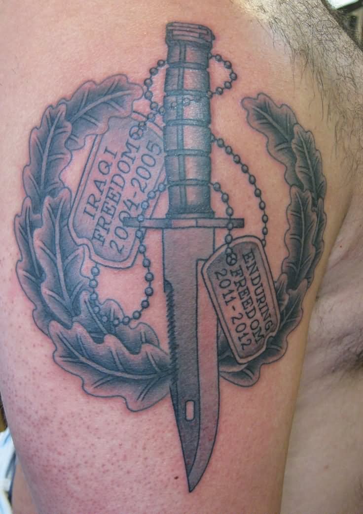 Black And Grey Military Knife With Tags Tattoo Design For Shoulder