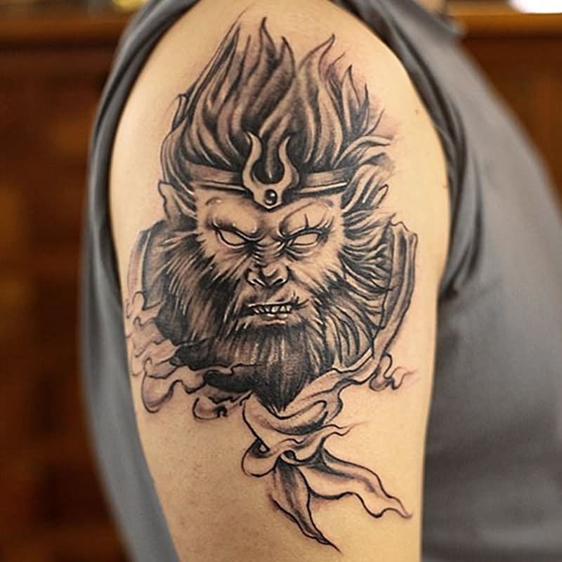 Black And Grey Monkey King Tattoo On Right Shoulder