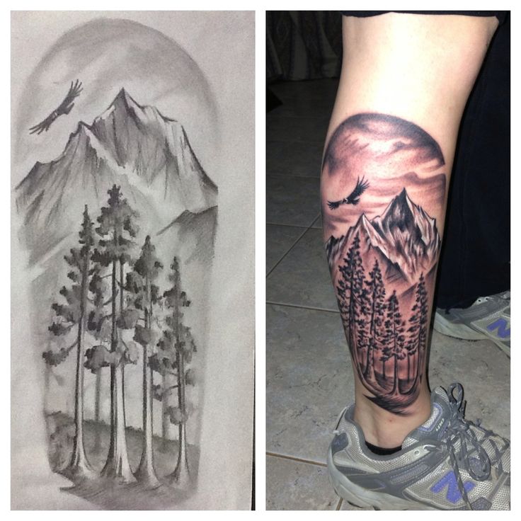Black And Grey Scenery Tattoo On Leg Calf