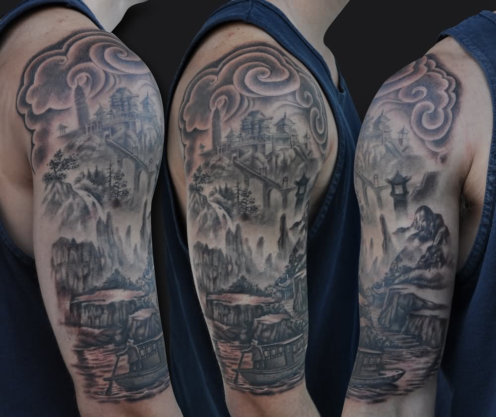 Black And Grey Scenery Tattoo On Man Right Half Sleeve