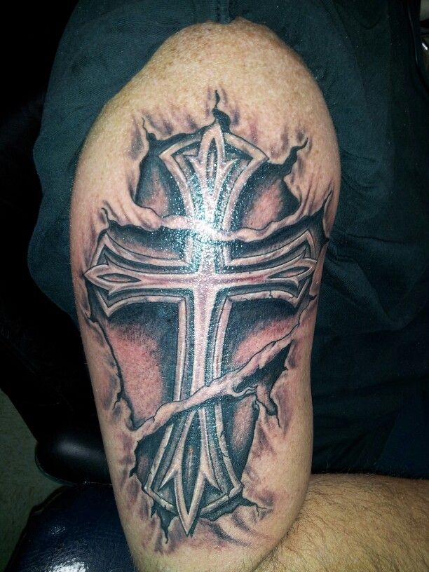 Black And Grey Torn Ripped Skin Cross Tattoo On Right Half Sleeve