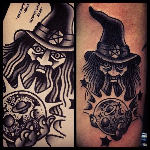 Black And Grey Traditional Wizard Tattoo