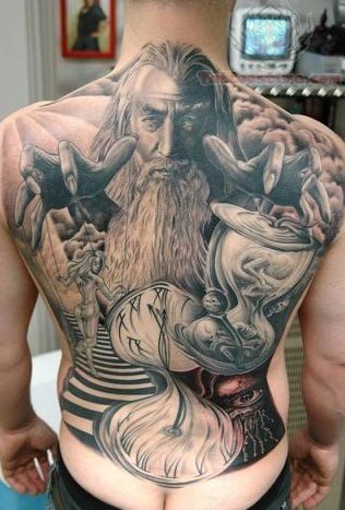 Black And Grey Wizard Tattoo On Full Back