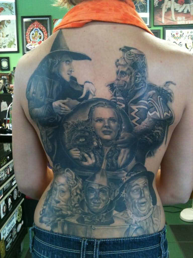 Black And Grey Wizard Tattoo On Girl Full Back