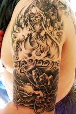 Black And Grey Wizard Tattoo On Man Left Half Sleeve