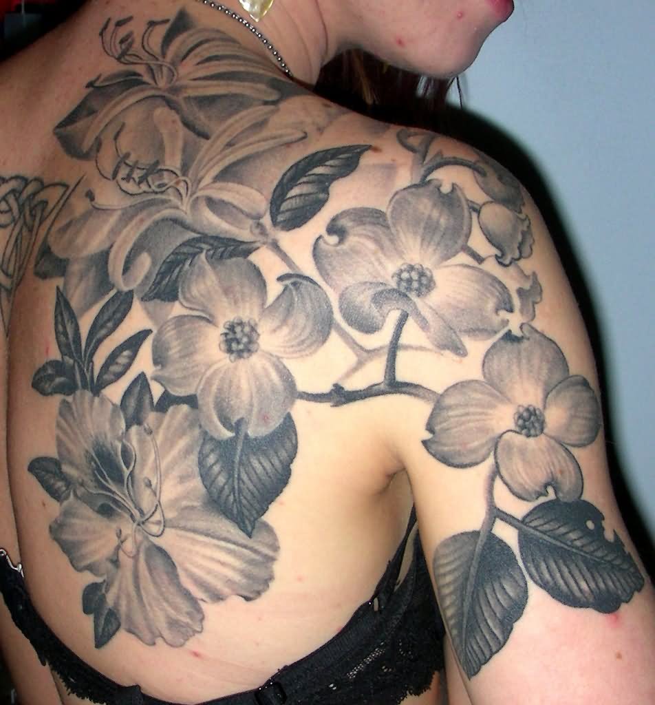 Black And White Orchid Tattoo On Girl Right Back Shoulder