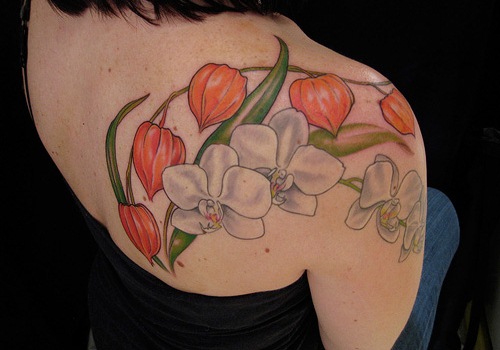 Black And White Orchid Tattoo On Right Back Shoulder