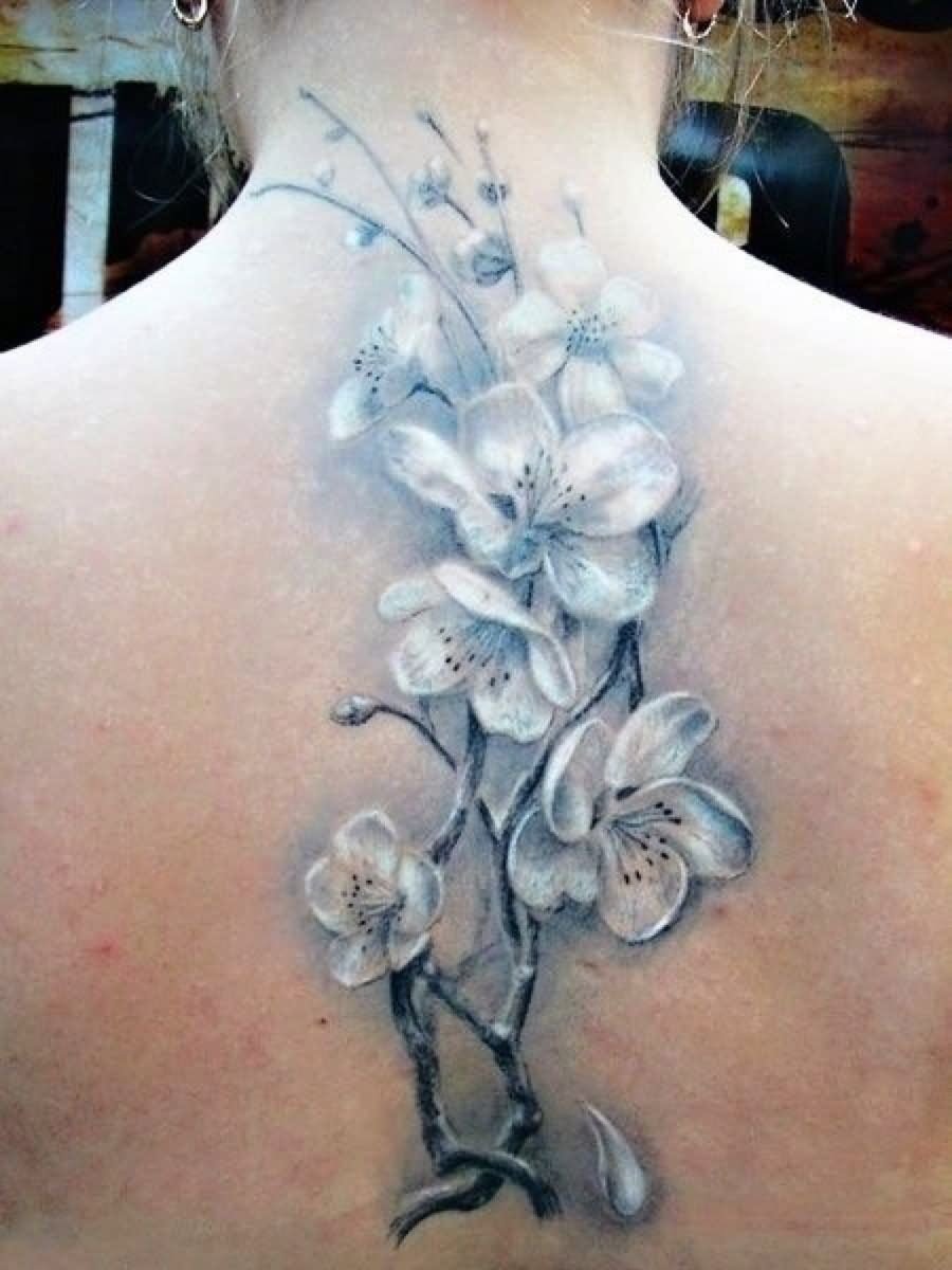 Black And White Orchid Tattoo On Upper Back For Girls