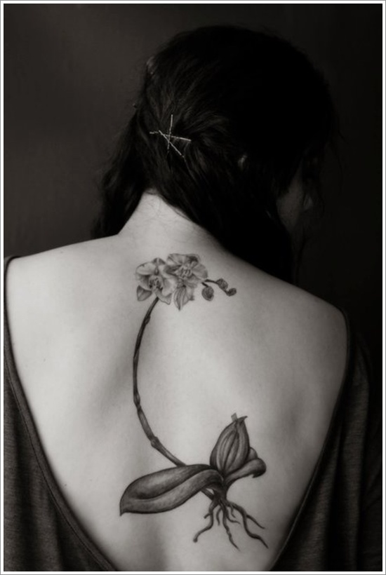 Black And White Orchid Tattoo On Upper Back